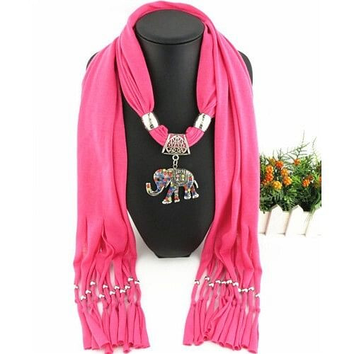 Colorful Gems Inlaid Elephant Pendant Fashion Scarf Necklace - Rose A392-fasn0154