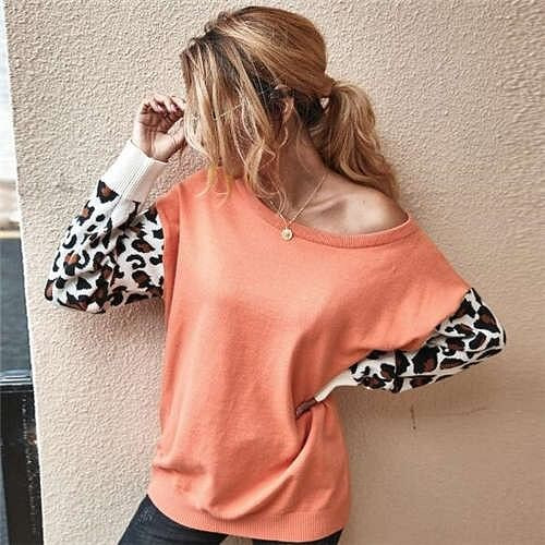 Contast Colors Leopard Prints Long Sleeves Autumn and Winter Fashion Women Top - Orange A392-fast0165