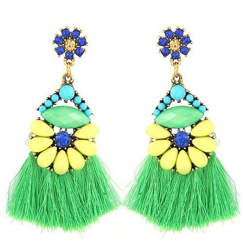 Resin Gems Floral Design High Fashion Women Cotton Threads Tassel Earrings - Green A392-fear4136