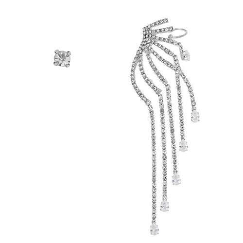 Rhinestone Embellished Angel Wing Design Asymmetric Style Alloy Women Fashion Earrings - Silver A392-fear5878