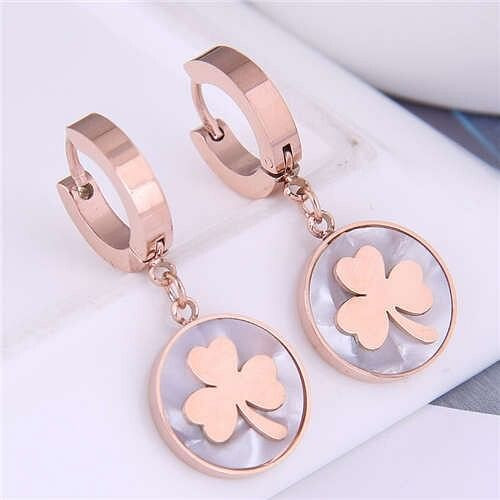 Clover Round Pendant Korean Fashion Delicate Wholesale Huggie Earrings - Rose Gold A392-fear7344