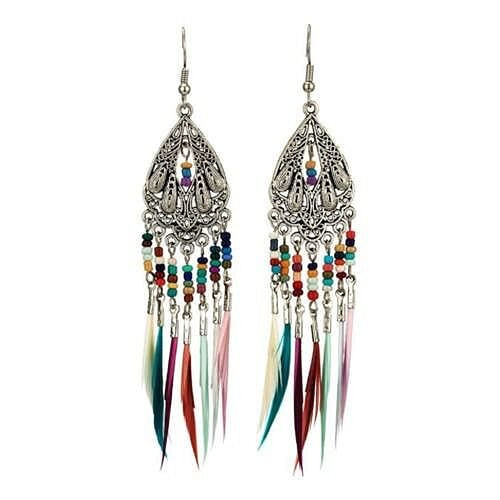 Ethnic Fashion Vintage Waterdrop with Beads and Feather Tassel Wholesale Women Retro Costume Earrin A392-fear7634