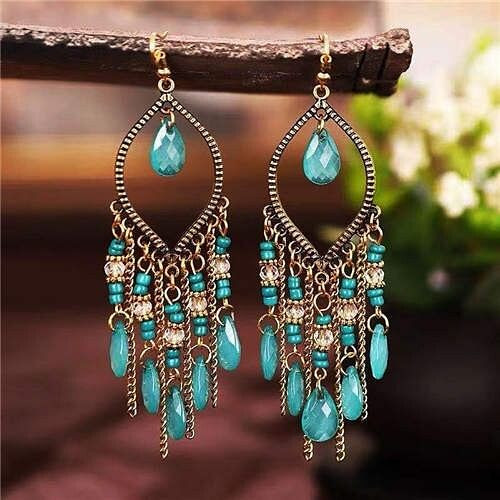 Hollow Waterdrop with Beads Tassels Bohemian Fashion Women Wholesale Costume Earrings - Green A392-fear7944