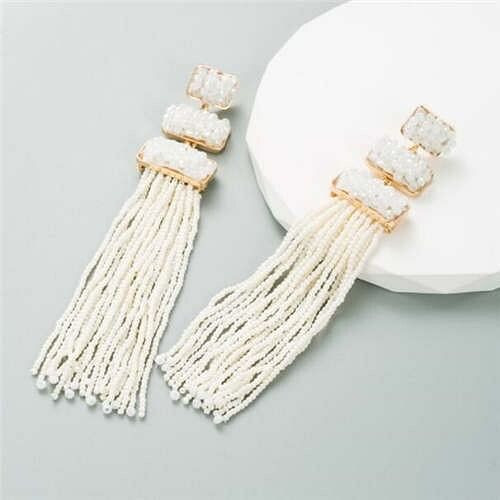 U.S. Bohemian Fashion Long Tassel Women Shoulder Duster Earrings - White A392-fear8057