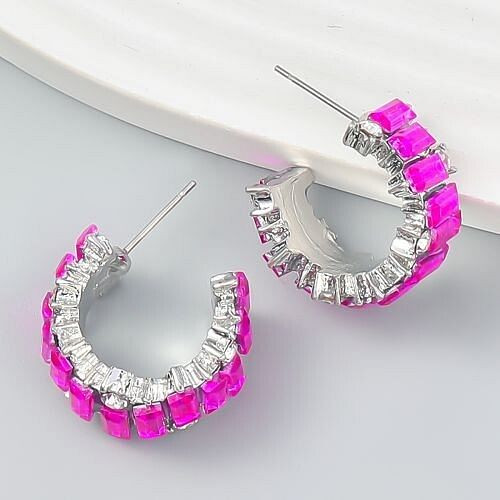 Bling Rhinestone Paved Fashion C Shape Women Earrings - Rose A392-fear8352