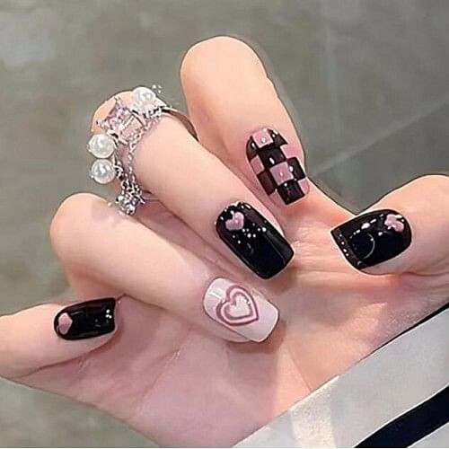 Black and Pink Heart Theme Detachable Manicure Sheet Fake Nail Wholesale Nail Stickers A392-nstr0006