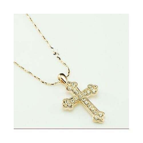Austrian Rhinestone Inlaid 18K Rose Gold Vintage Cross Pendant Necklace A392-rgne0093