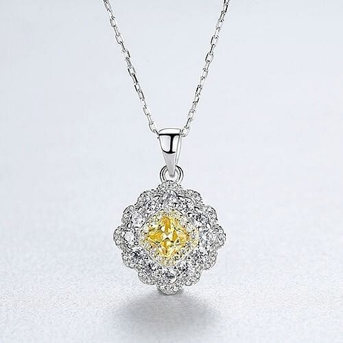 Shining Cubic Zirconia Insert Yellow Gem Rhombus Pendant 925 Sterling Silver Weding Necklace A392-sine0213