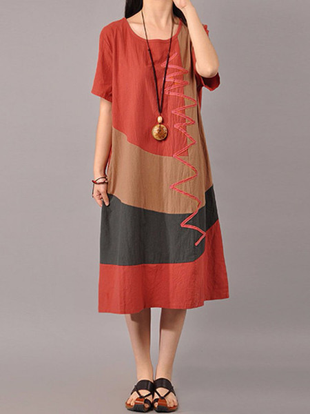 S-5XL Women Casual Short Sleeve Splice Loose O-neck Mid Long Dress C122-1161620