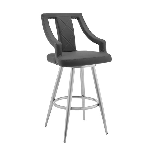 29" Gray And Silver Faux Leather And Iron Swivel Bar Height Bar Chair N270-476981