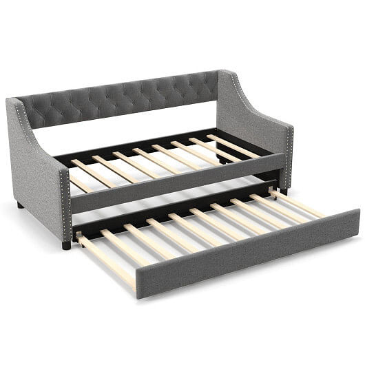 Twin Size Daybed with Trundle Sofa Bed with Curved Armrests and Backrest-Gray - Color: Gray - Size: D681-HV10551GR+