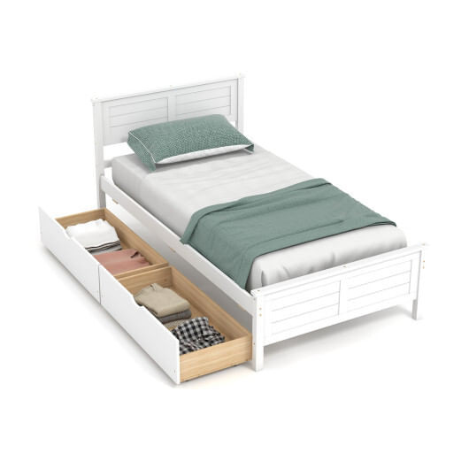 Twin Size Bed Frame with Storage Drawers-White - Color: White - Size: Twin Size D681-HU10561WH-T