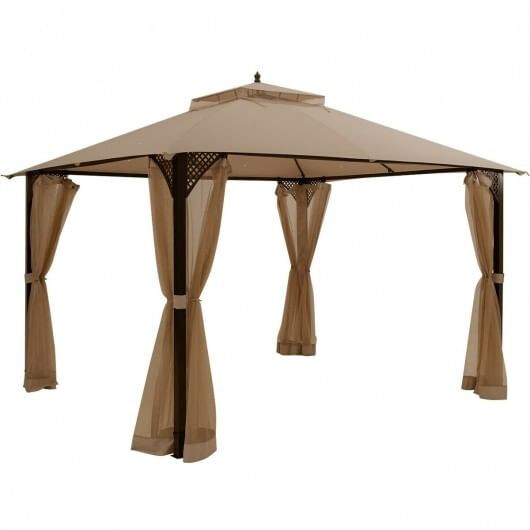 12 x 10 Feet Outdoor Double Top Patio Gazebo with Netting-Brown - Color: Brown D681-OP70382CF