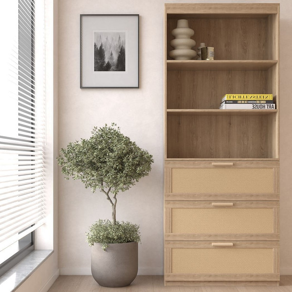 71 Inches Tall Storage Cabinet, Rattan Bookcase with 3 Drawers and 3-Tier Open Shelves, Wooden Book T575-S0671298901