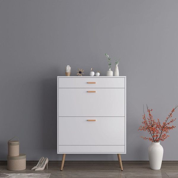 Shoe Cabinet, 16 Pair Shoe Rack Storage Organizer with 2 Flip Drawers, White Entryway Shoe Storage  T575-S0671296315