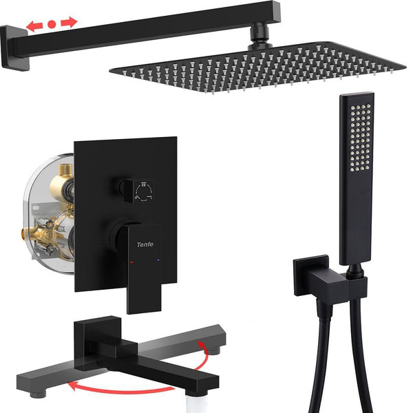 Male NPT Matte Black Shower System, 12 Inch Shower Fixtures Rain Shower Head with Handheld Shower S T575-S0671299710