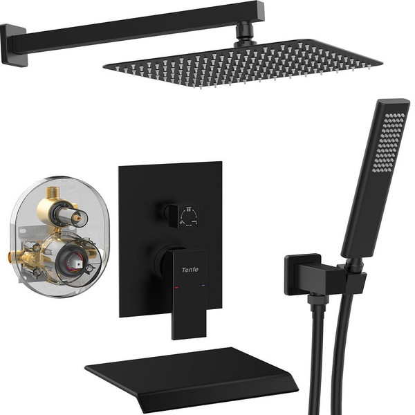 Male NPT Matte Black Shower System, 12 Inch Shower Fixtures Rain Shower Head with Handheld Shower S T575-S0671288425