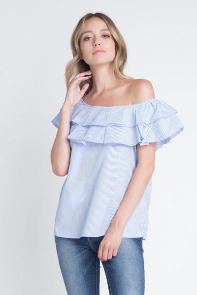 Women's Striped Off Shoulder Ruffle Stripe Blouse T396-MM31971640-WHB-S