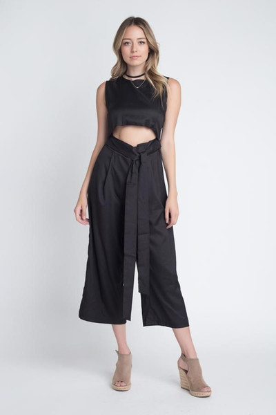 Women's Sleeveless Tie Jumpsuit with Slit T396-EA834513-GRN-SM