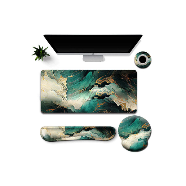 Color: TEAL RUSH - Work And Play 4 In 1 Matching Quartz Swirl Print With Golden Veining Desk Set K290-51261360603409