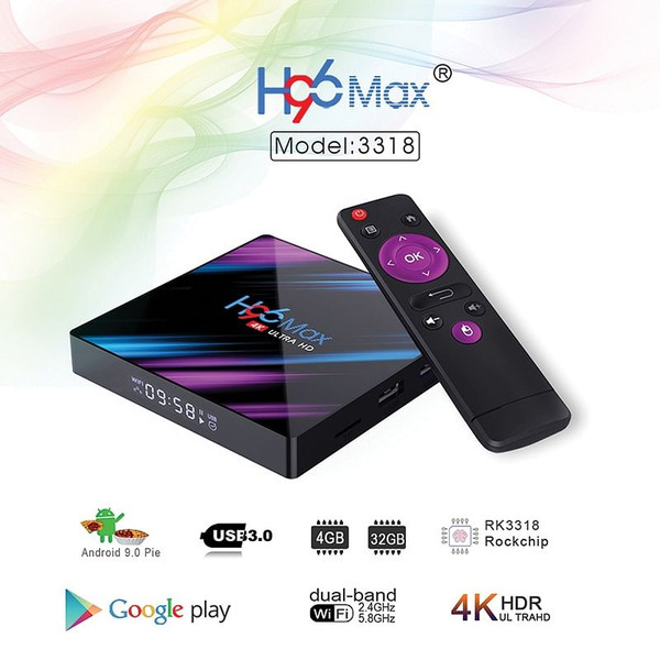 H96 max 3318 Quad-Core 4+64G Android 9.0 HD Smart Network Media Player TV Box EU plug K484-PEL_07B9MEQX