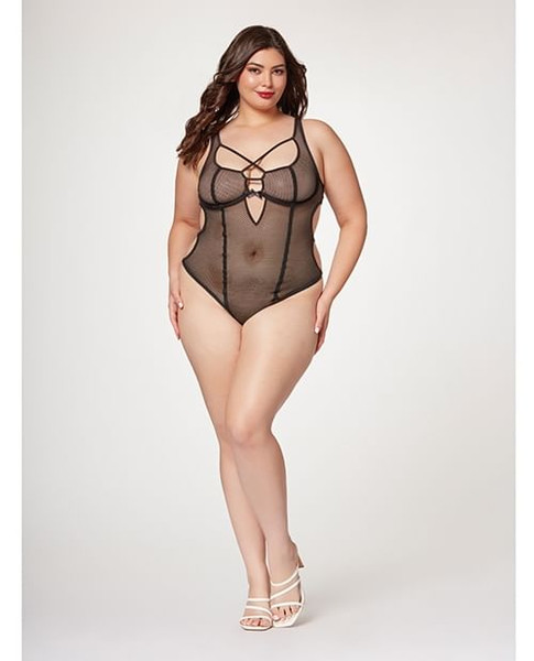 Fishnet Strappy High Cut Leg Teddy Black 1X/2X X615-STH11495-BK-X2