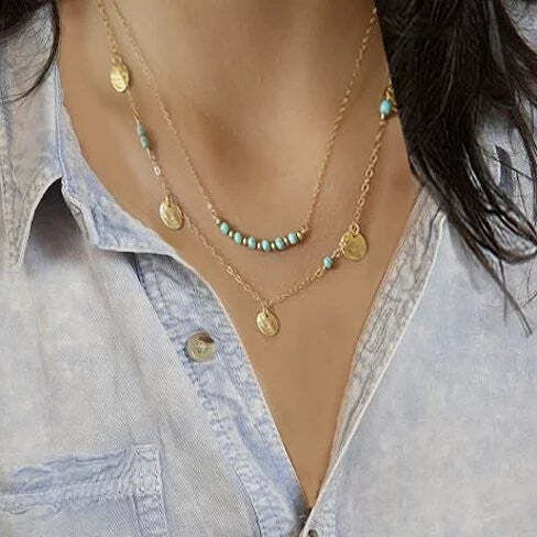 Color: SILVER - Delicate Delights The Turquoise Necklace With Golden Charms K290-51153103520017