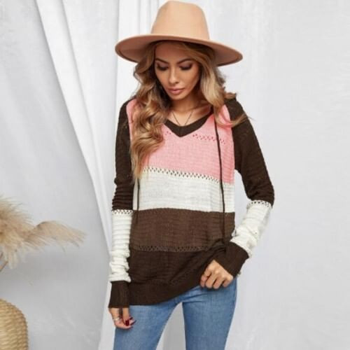 U.S. Fashion Wholesale Clothing Knitted Hooded Sweater Autumn/ Winter Women Top - Brown A392-fast0219