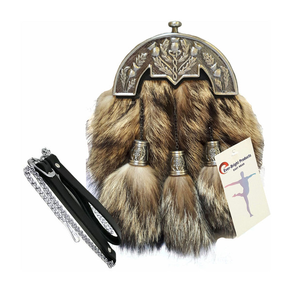 Scottish Kilt Original Fox Fur Full Dress Sporran Antique Enamel Thistle Cantel A657-12