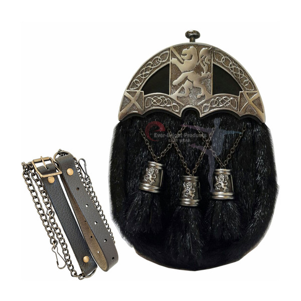Scottish Kilt Original Black Seal Skin Full Dress Sporran Enamel Lion Cantel A657-14