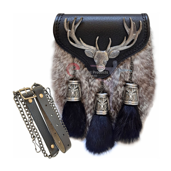 Scottish Kilt Semi Dress Sporran Semi Stag Sporran Antique Unique Stag.450 (Grey Rabbit Fur 27) Lar A657-17