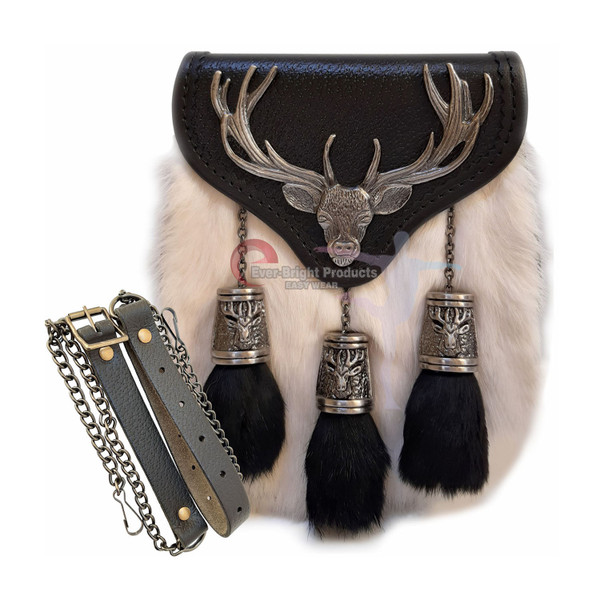 Scottish Kilt Semi Dress Sporran Semi Stag Sporran Antique Unique Stag.450 (White Rabbit Fur 28), L A657-23
