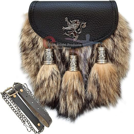Generic Scottish Kilt Semi Dress Fox Fur Sporran 100% Genuine Leather Sporran, Brown, Large A657-35