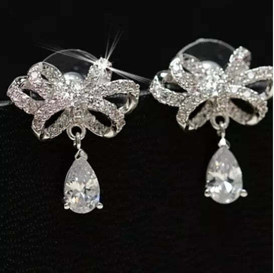 Celebration Earrings Big Bow And Pear Cut Crystal In Silver Polish K290-29266507152