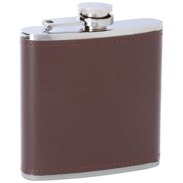 6oz Stainless Steel Flask with Brown Genuine Leather Wrap Q147-KTFLKLBR
