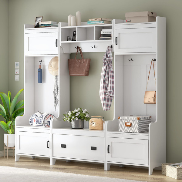 US Modern Style Hall Tree With Drawer Metal Hooks Easy Assembly Hallway Coat Rack For Hallway Livin K484-PHO_11XGA2NB_US