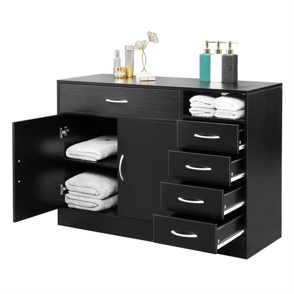 US Mdf Bathroom Cabinet with Double Doors Five Drawers Lightweight Waterproof Black K484-PHO_0W85H88O_US