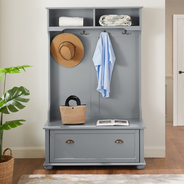 US Entryway Hall Tree With Storage Bench Open Shelves Coat Rack Hooks Shoe Cabinet For Hallway Entr K484-PHO_123II15W_US