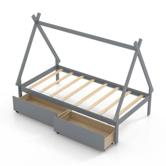 Twin Size Wooden Tent Platform House Bed with 2 Drawers-Gray - Color: Gray - Size: Twin Size D681-HU10868GY