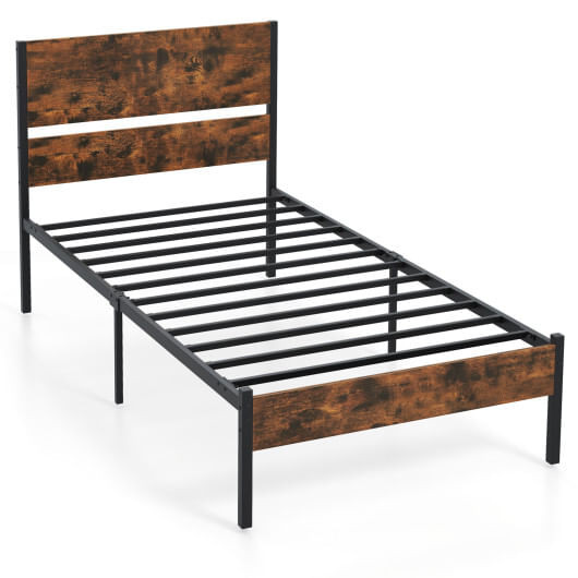 Twin/Full/Queen/King Metal Bed Frame with Wooden Headboard and Footboard-Twin Size - Color: Rustic  D681-HU10790CF-T