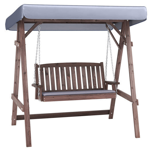 2-Person Porch Swing with Fir Wood Stand and Tilt Canopy-Brown B593-GT4243+