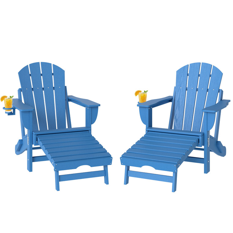 Folding Adirondack Chair Set of 2, HDPE Fire Pit Chair with Retractable Ottoman and Cup Holder, Blue P295-84K-224V00BU