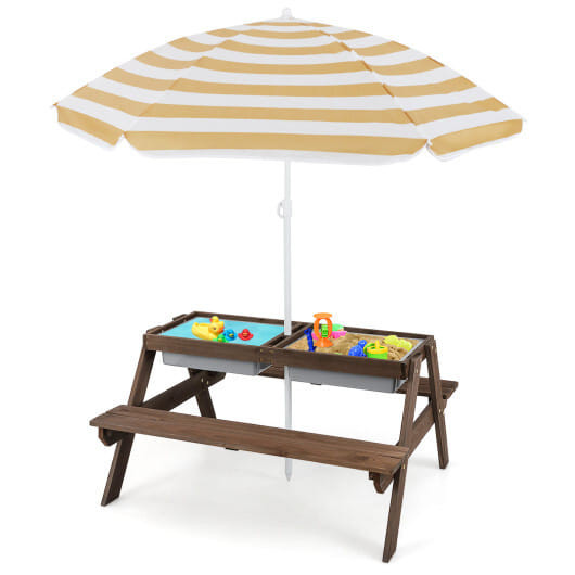 3-in-1 Kids Outdoor Picnic Water Sand Table with Removable Umbrella and Boxes-Coffee - Color: Coffee D681-HY10008ZS