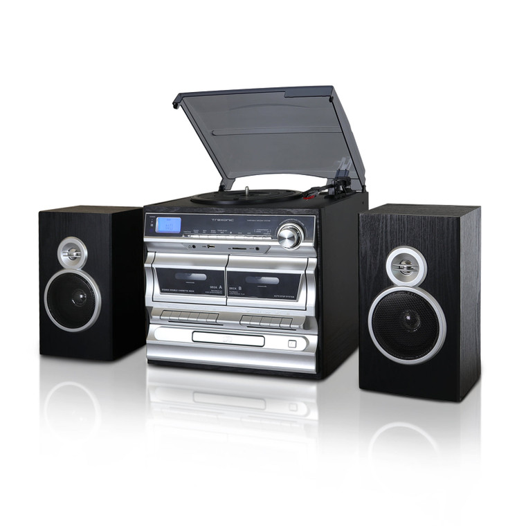 Trexonic 3-Speed Vinyl Turntable  Home Stereo System with CD Player, Double Cassette Player, Blueto D970-TRX-11BS