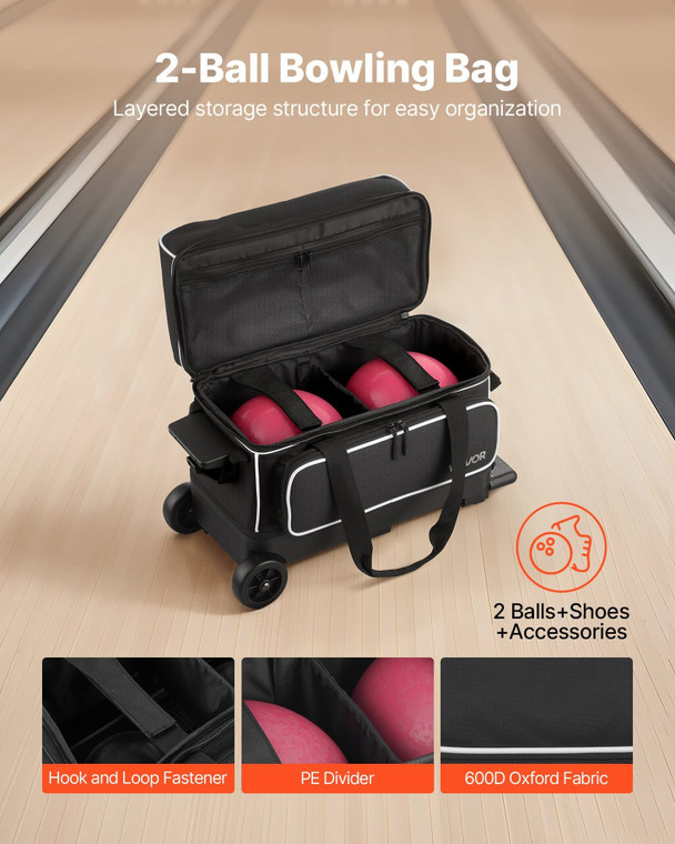  Bowling Ball Bag, 2 Ball Double Roller Bowling Bag with Wheels, Featuring a Separate Compartment f E415-GLLGBLQBQBLG29IZ1001V0
