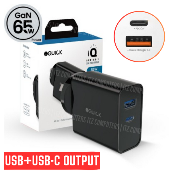 iQuick GaN 65W PD3.0 + QC3.0 Fast Charging Adapter (BLK)