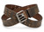 A brown triple prong full grain leather belt with three vertical punched holes running the entire length of the belt. Belt is on a white background.