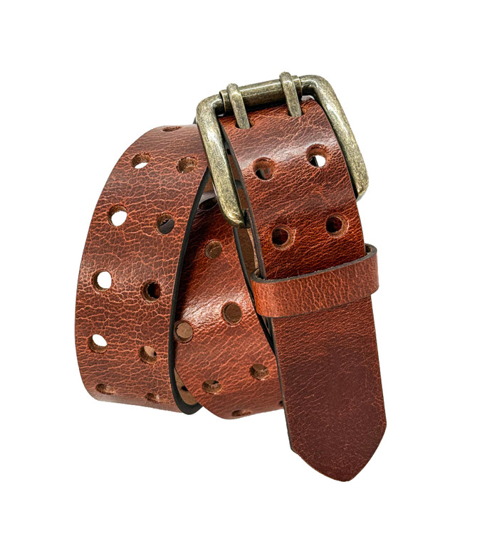 Men's Double Prong Leather Belt - Chestnut