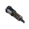 Strike Industries SI-AR-FA-BK AR Forward Assist Hex Design Steel Construction in Black, close-up of the black steel firearm part with a spring and hex design, isolated on white background.