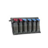 NcStar NcSTAR CVMCL3018U Holds 6 .45Apc Or 10Mm Double Stack Magazines, a black ammunition magazine holder with six slots, two red caps, and four blue caps for magazines.